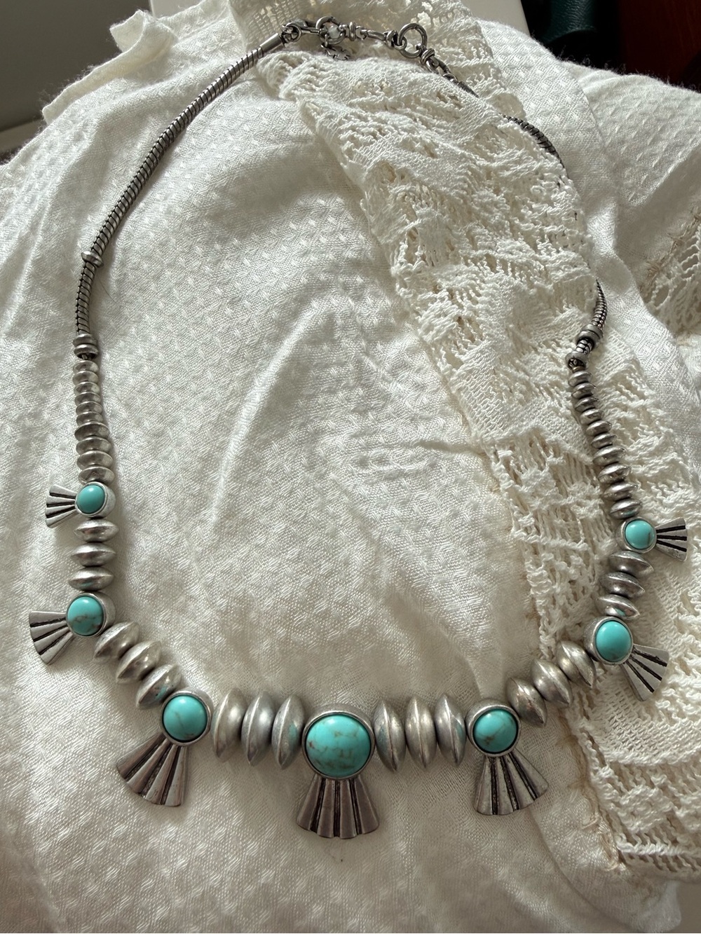 Navajo Inspired Silver Turquoise Squash Blossom Necklace
